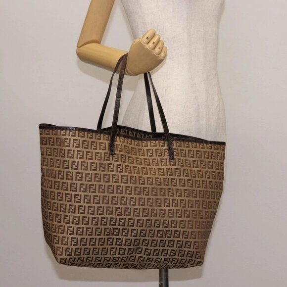FENDI Zucchino Canvas Tote Bag Brown Auth